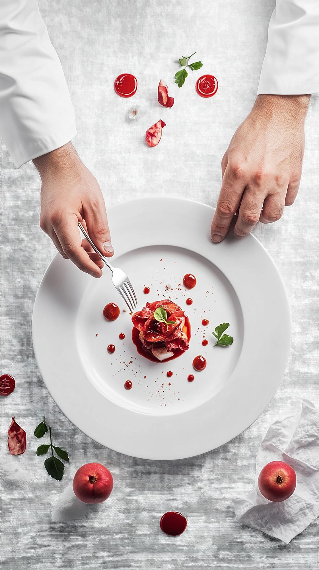 chef preparing plated dish on wooden table